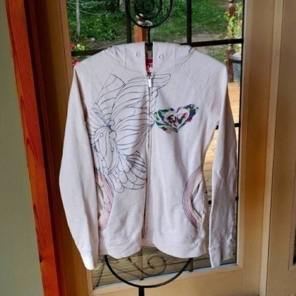 Roxy Sz. S Cream Graphic F&B Multi-colored Zippered Hoodie w Rainbow Pockets - Picture 1 of 9